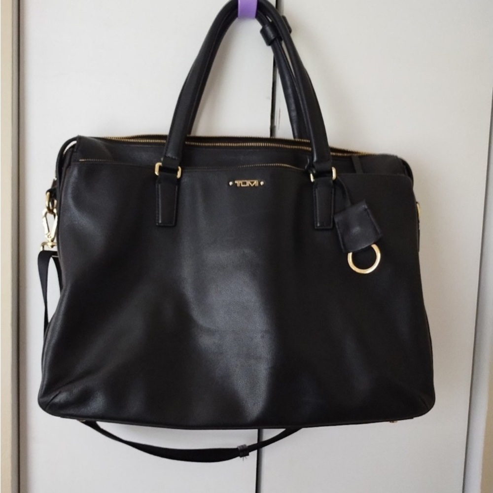 Tumi Black Leather Briefcase with Gold Accents